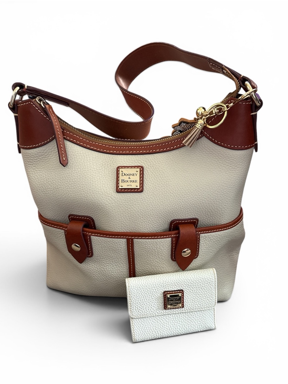 Dooney & Bourke Cream and Brown Pebbled Leather Shoulder Bag with Wallet